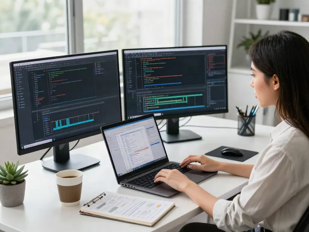 Developer coding with multiple screens in a modern workspace emphasizing instant indexing.
